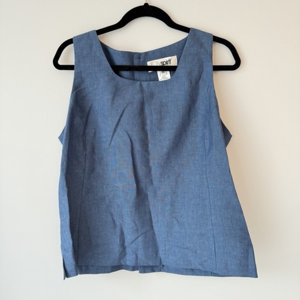 Vintage Linen Cotton Tank Top Minimalist Blue Chic Capsule Wardrobe Buttons L 16